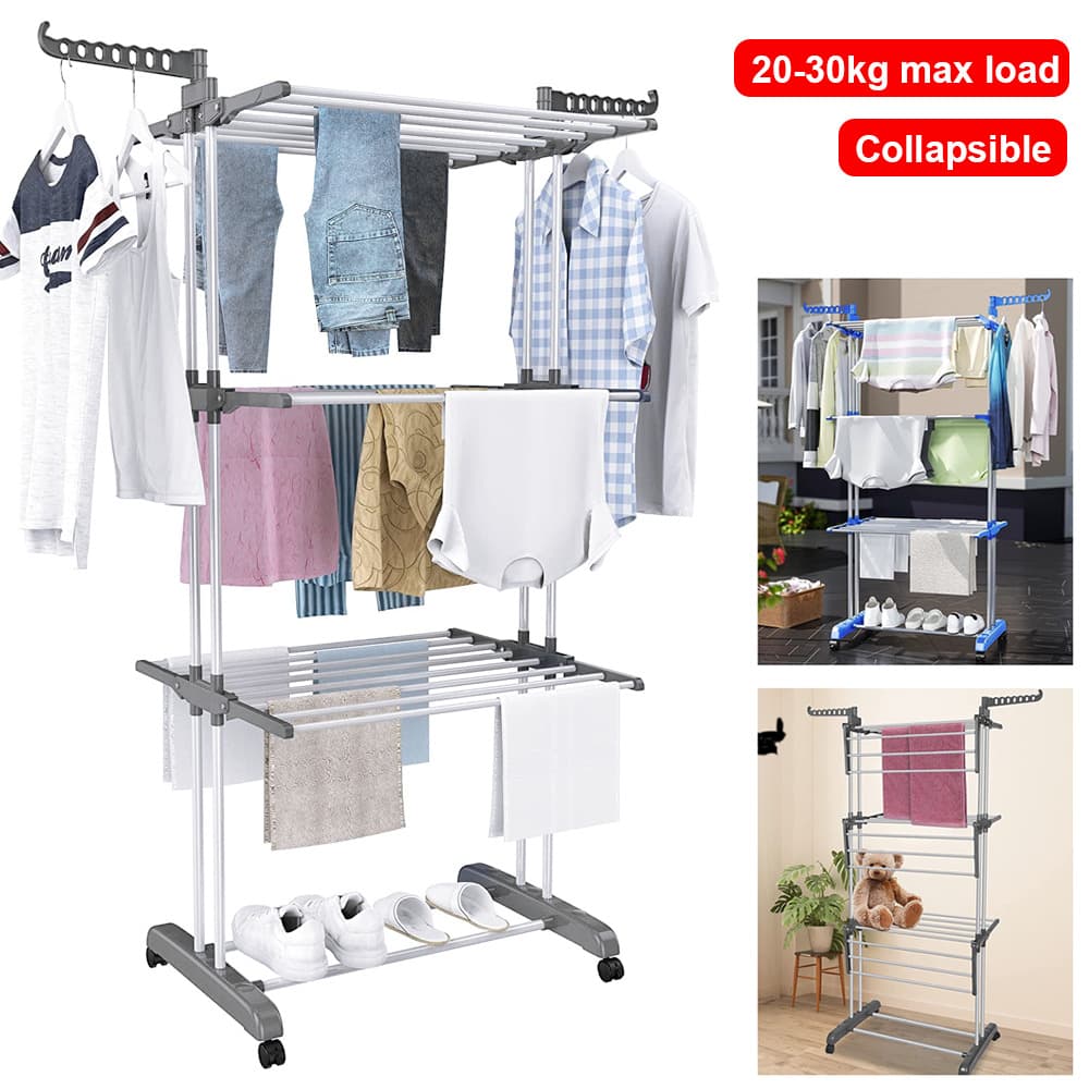 3 Tier Foldable Clothes Drying Rack Mobile Laundry Dryer Tower With Lockable Wheels And Side Hanger 