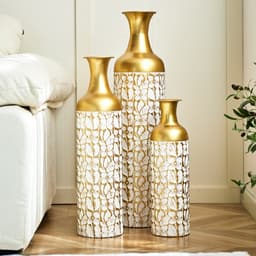 Floor Vase Large Set 3 Pcs. In Gold White  50 66 85 Cm - Large Decorative Floor Vases With Floral Pa
