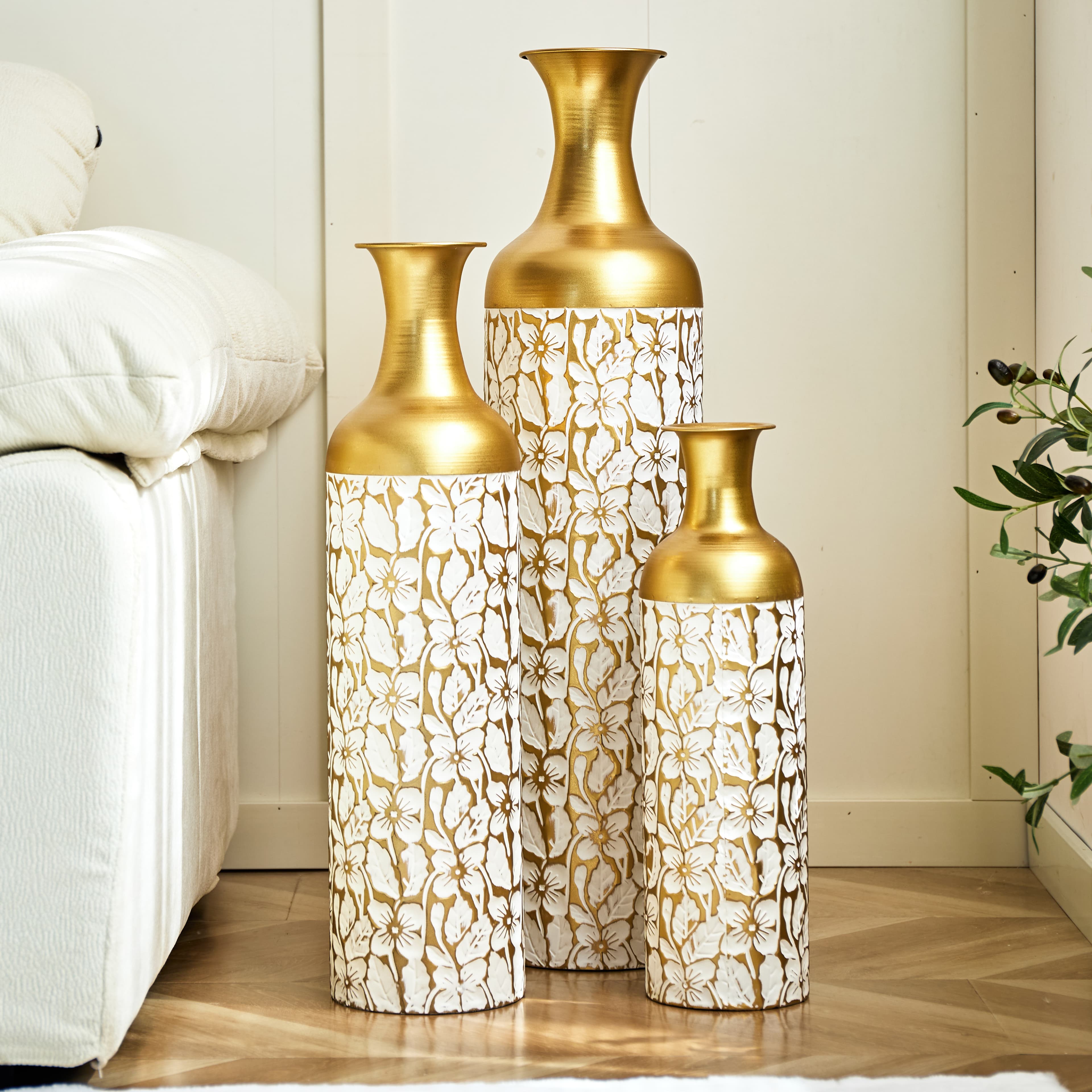 Floor Vase Large Set 3 Pcs. In Gold White  50 66 85 Cm - Large Decorative Floor Vases With Floral Pa