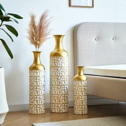 Floor Vase Large Set 3 Pcs. In Gold White  50 66 85 Cm - Large Decorative Floor Vases With Floral Pattern, Metal Planter For Living Room Decoration, Interior & Garden 2