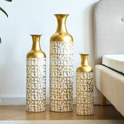 Floor Vase Large Set 3 Pcs. In Gold White  50 66 85 Cm - Large Decorative Floor Vases With Floral Pattern, Metal Planter For Living Room Decoration, Interior & Garden 3