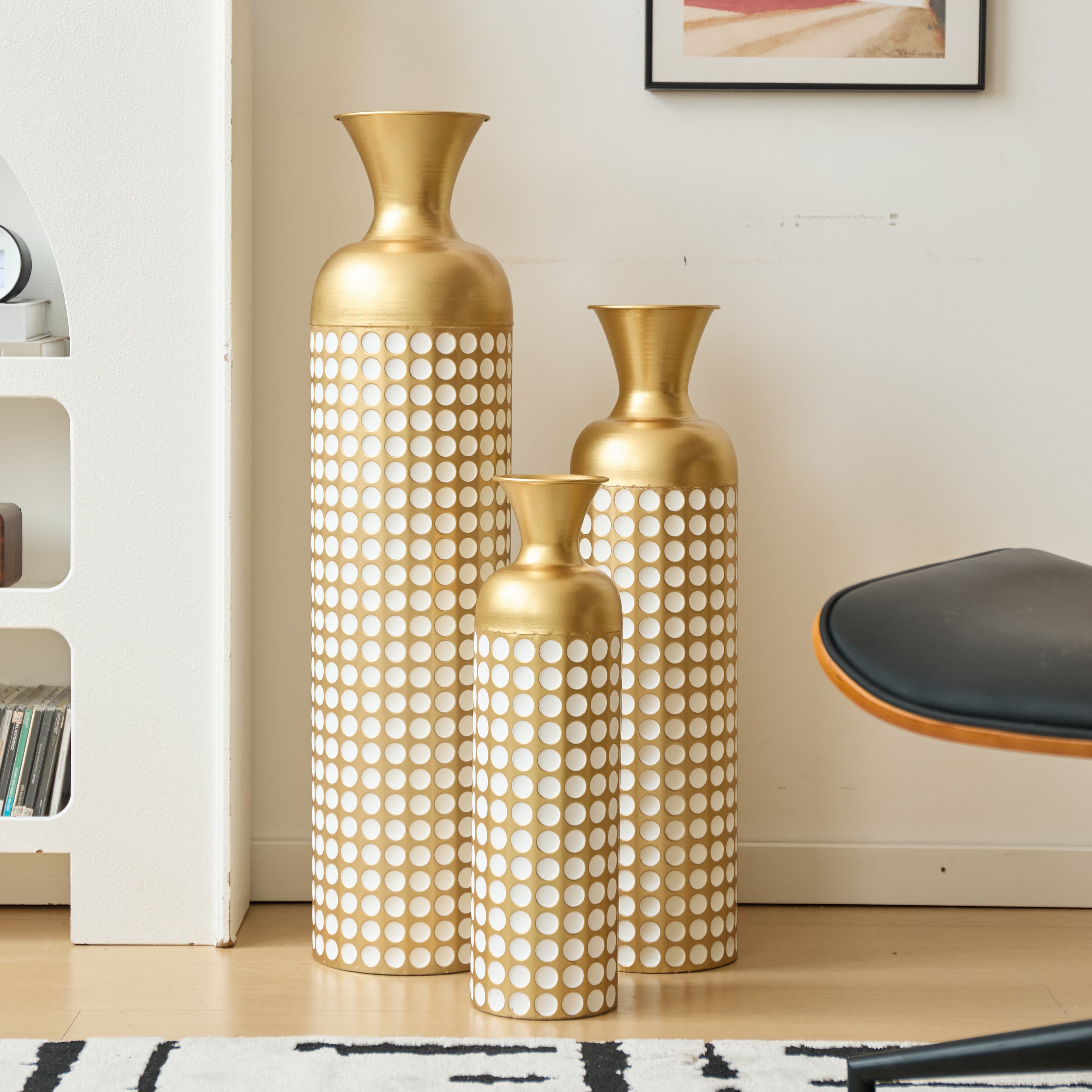 3-Piece Golden Metal Floor Vase Set With White Dot Pattern, Stackable Space-Saving Packaging, Tall S