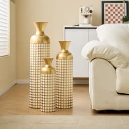3-Piece Golden Metal Floor Vase Set With White Dot Pattern, Stackable Space-Saving Packaging, Tall Stand Vases For Dried Flowers Pampas Grass, Luxury Home Decoration For Living Room Hallway Hotel, Non 2