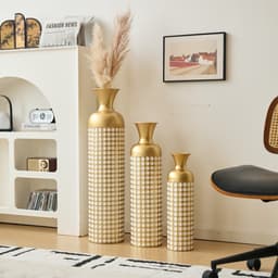 3-Piece Golden Metal Floor Vase Set With White Dot Pattern, Stackable Space-Saving Packaging, Tall Stand Vases For Dried Flowers Pampas Grass, Luxury Home Decoration For Living Room Hallway Hotel, Non 3