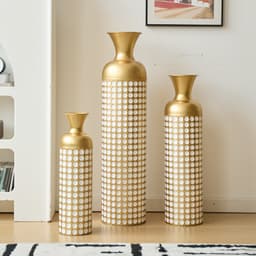 3-Piece Golden Metal Floor Vase Set With White Dot Pattern, Stackable Space-Saving Packaging, Tall Stand Vases For Dried Flowers Pampas Grass, Luxury Home Decoration For Living Room Hallway Hotel, Non 4