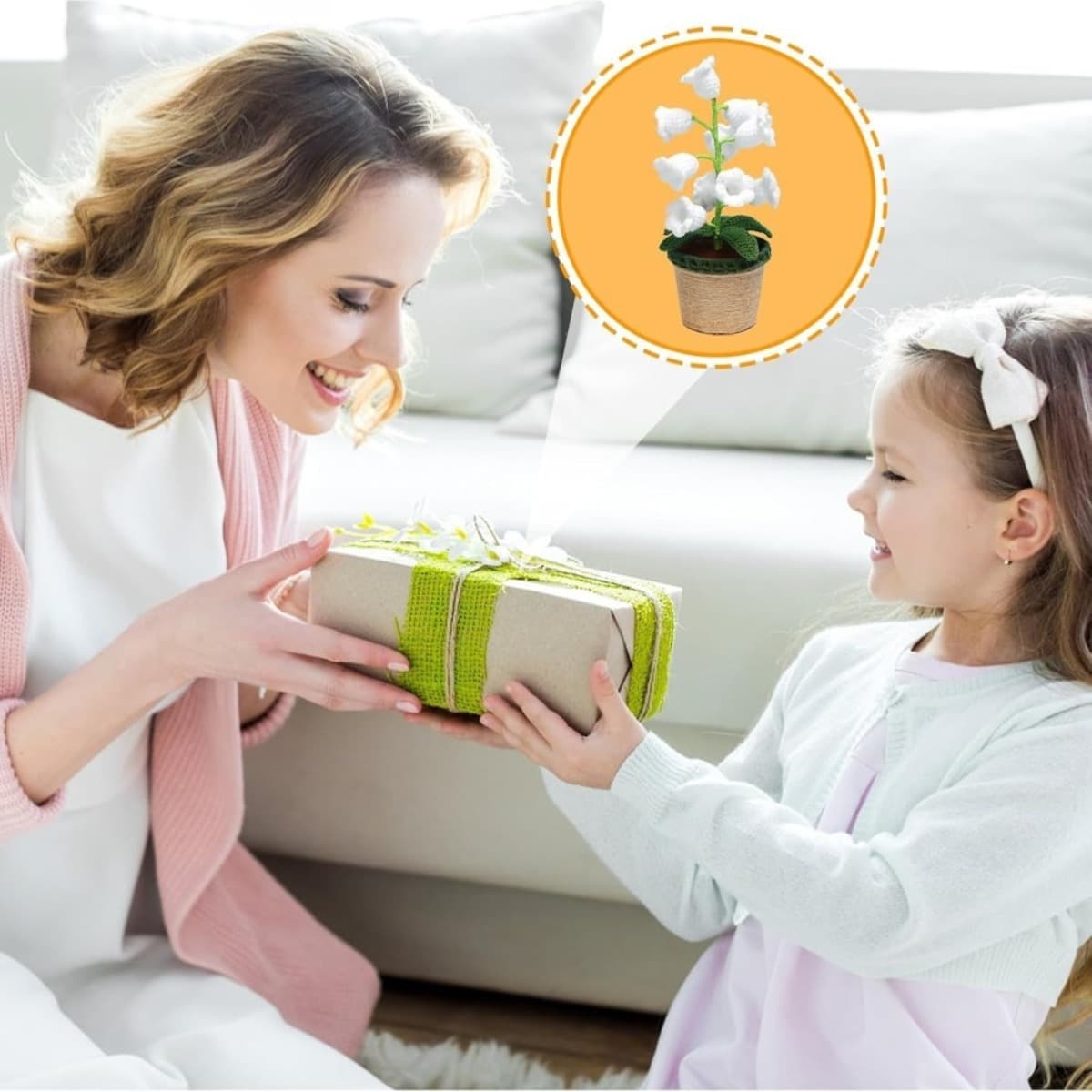 Lily-of-the-Valley Planter Decoration, Crocheted Flowers In A Pot, Spring-Themed Table Decoration For The Living Room, Artificial Plant Room Decoration, Handcrafted Home Accessory For The Windowsill