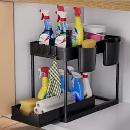 Kitchen Organizer: 2-Tier Under-Sink Shelf With Hooks And Cups, Spice Rack, Sink Cabinet Organizer, Kitchen Shelf, Cabinet Organizer For Bathroom And Kitchen, Black 5
