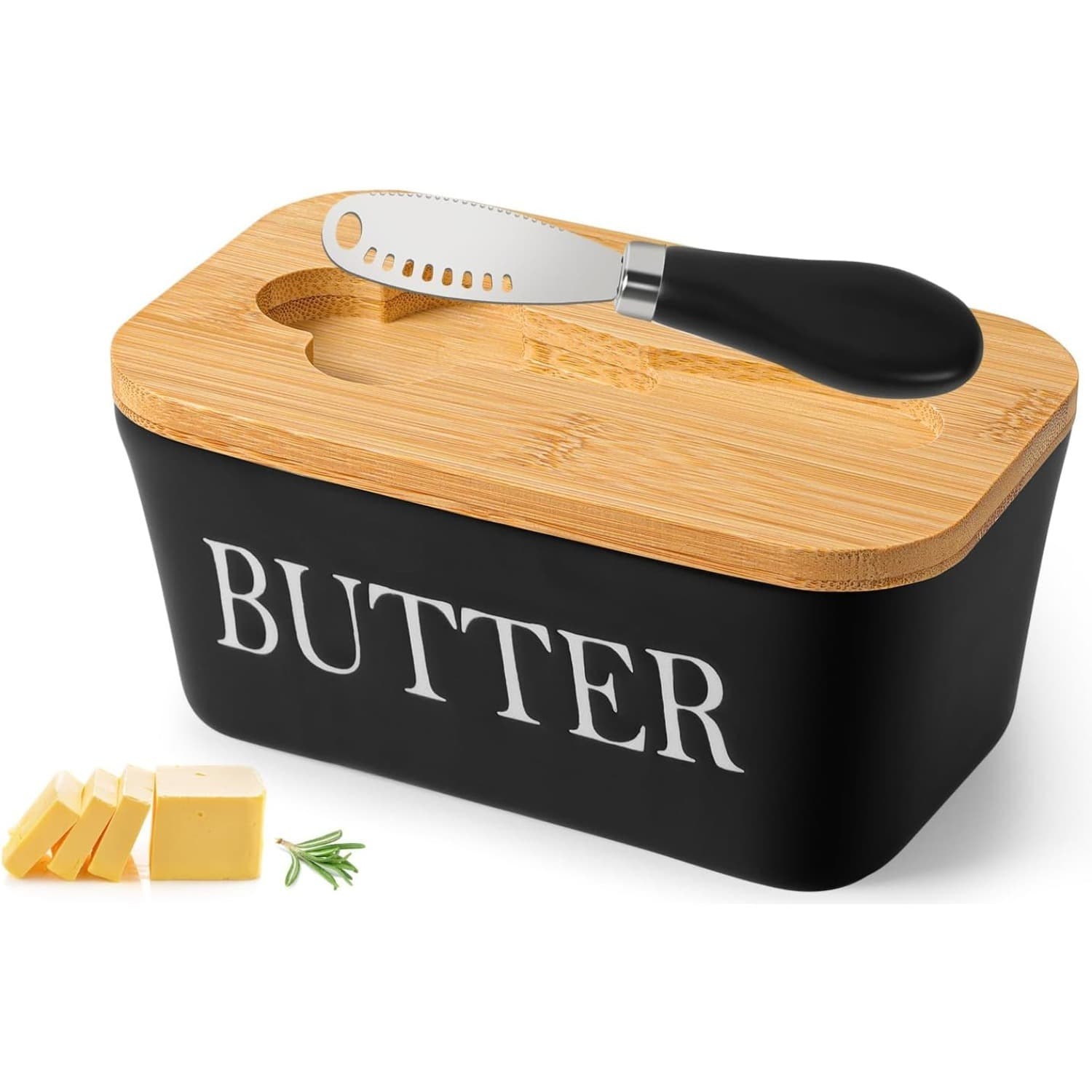 Butter Dish With Wooden Lid, Ceramic Butter Dish With Butter Knife, Multifunctional Porcelain Butter
