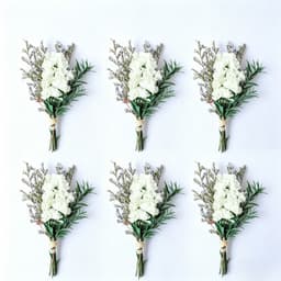 Set Of 6 White Mini Bouquets Made Of Dried Forget-me-nots, Including Love Grass And Green Leaves; Ea