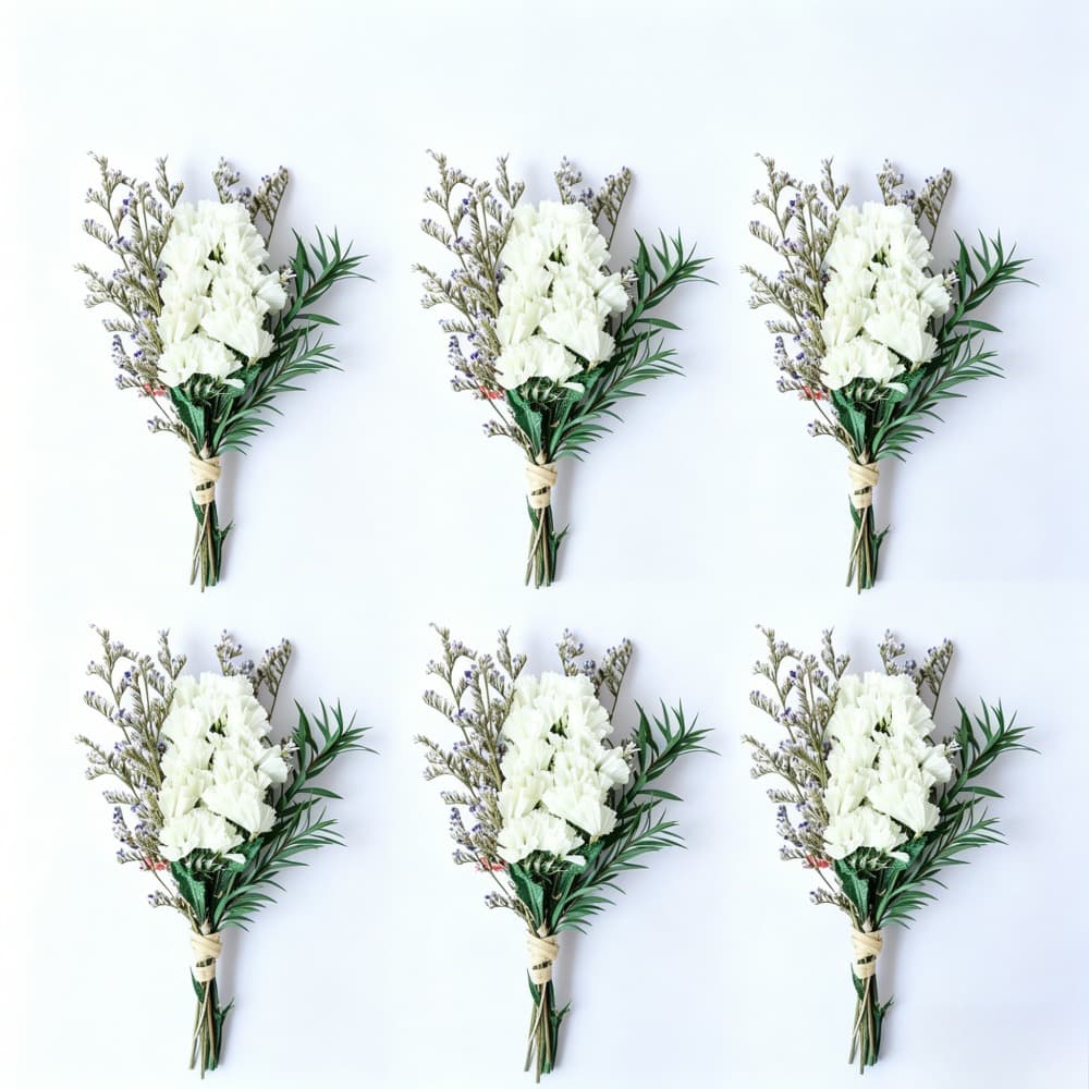 Set Of 6 White Mini Bouquets Made Of Dried Forget-me-nots, Including Love Grass And Green Leaves; Ea