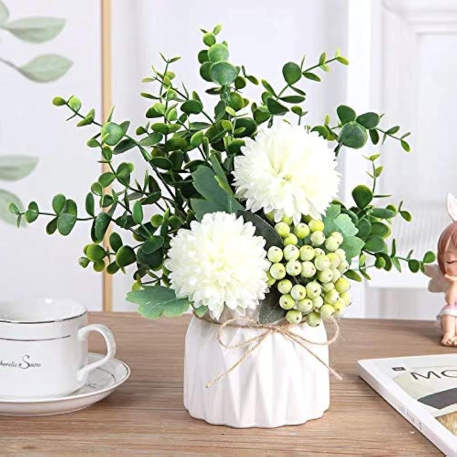 Seasonal Decor—Artificial Hydrangea Flower And Small Ceramic Vase; Artificial Eucalyptus Leaf And Be