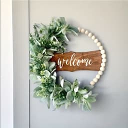1 Handcrafted Wood Bead Wreath – Boho-Farmhouse Spring Wreath With Artificial Flowers And A “Welcome” Sign For The Front Door Or As Wall Decor 5