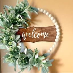 1 Handcrafted Wood Bead Wreath – Boho-Farmhouse Spring Wreath With Artificial Flowers And A “Welcome