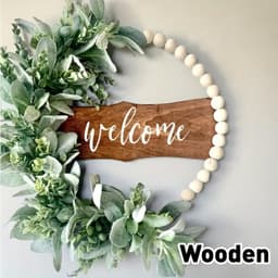 1 Handcrafted Wood Bead Wreath – Boho-Farmhouse Spring Wreath With Artificial Flowers And A “Welcome” Sign For The Front Door Or As Wall Decor 4