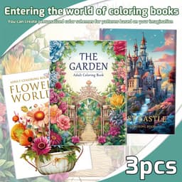 3-piece Coloring Book Set Featuring Three Different Themes: Garden Flowers, A Castle, And Flowers In