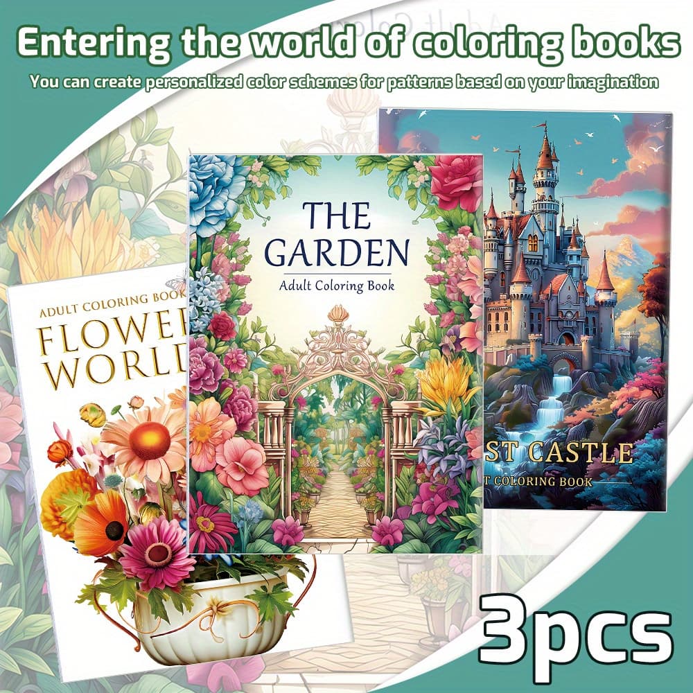 3-piece Coloring Book Set Featuring Three Different Themes: Garden Flowers, A Castle, And Flowers In