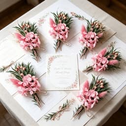 Set Of 6 Mini Dried Flowers In Pink, Featuring Hydrangea, Love Bead Bush, And Rabbit''s Tail Grass