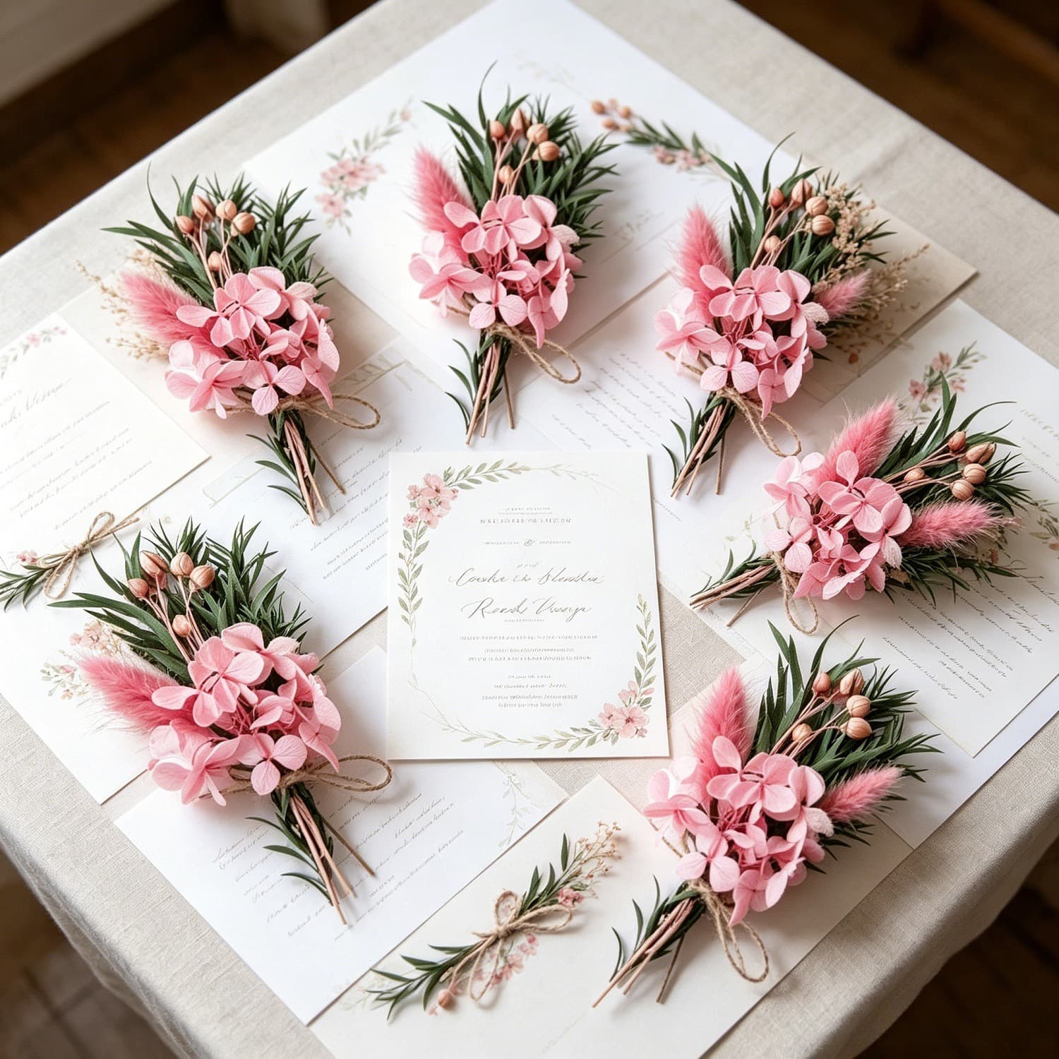 Set Of 6 Mini Dried Flowers In Pink, Featuring Hydrangea, Love Bead Bush, And Rabbit''s Tail Grass