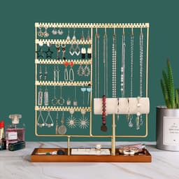 5-Tier Jewelry Organizer With Wooden Base – Gold-Colored, For Necklaces And Earrings 3