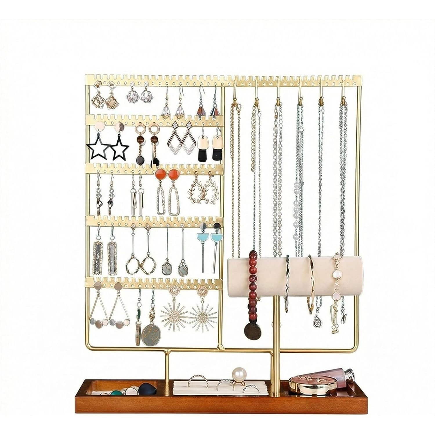 5-Tier Jewelry Organizer With Wooden Base – Gold-Colored, For Necklaces And Earrings