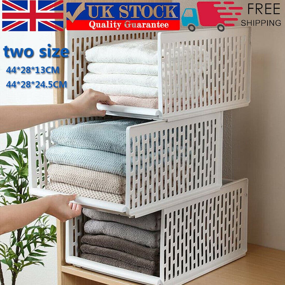 Stackable Foldable Wardrobe Storage Shelf Plastic Closet Organizer Basket White 44x28x24.5cm