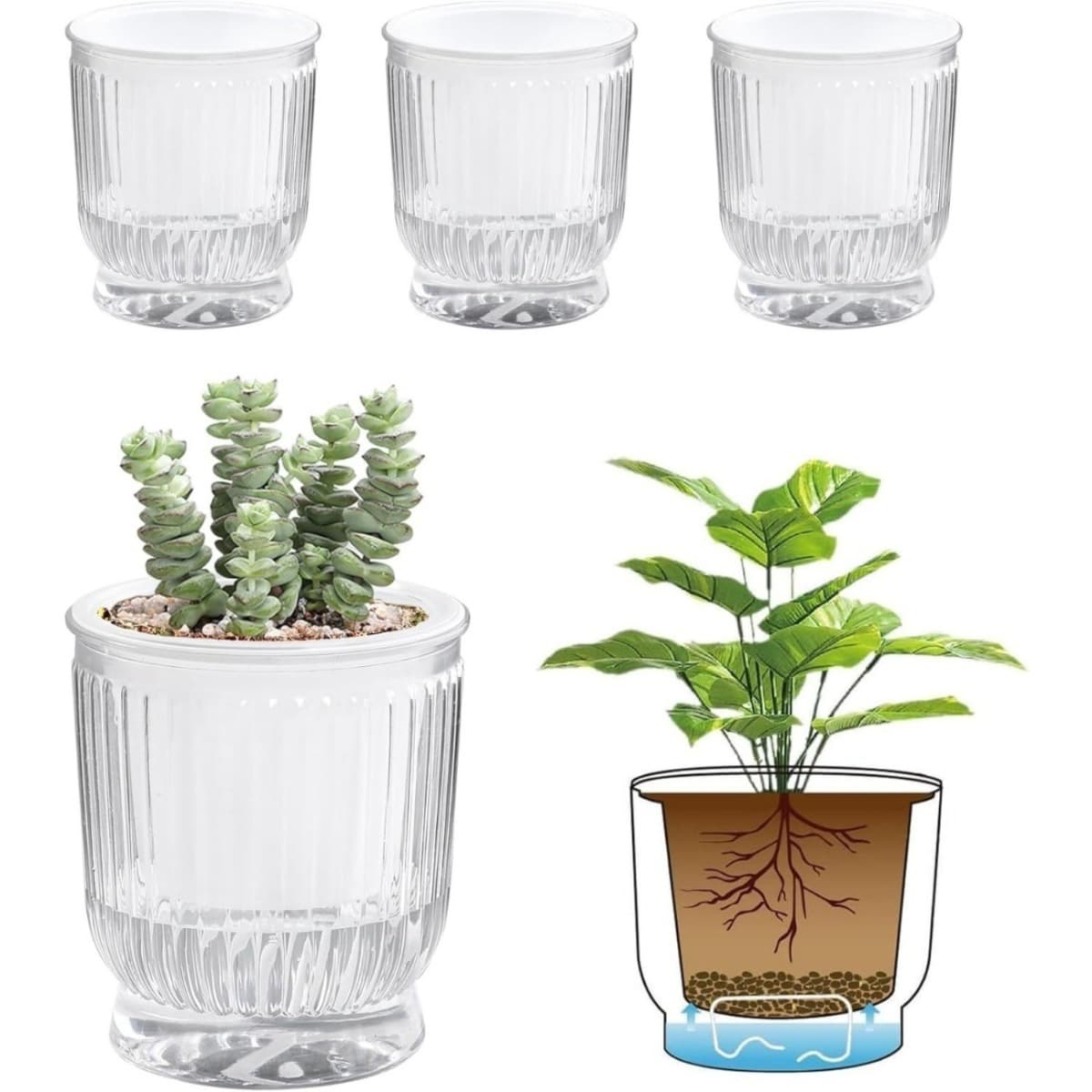 4-Piece Self-Watering Flower Pots, 10 cm – Flower Pot Set With Cotton Rope And Deep Water Reservoir,