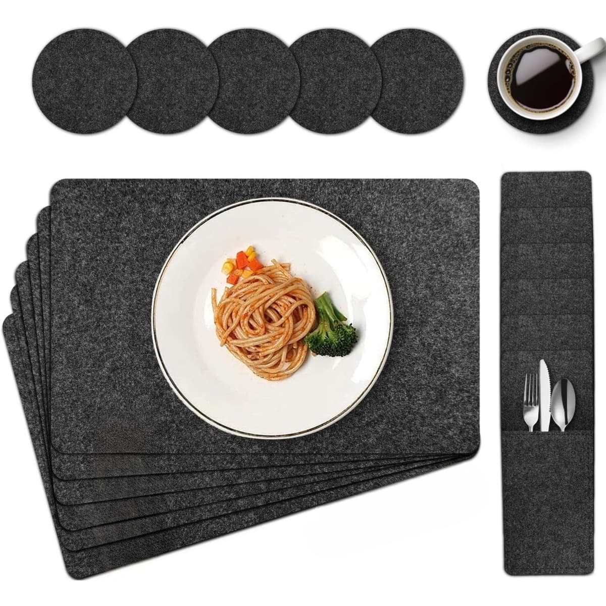 3-in-1 Felt Dining Set – 6 Heat-resistant Placemats (44 X 31 Cm), 6 Coasters, And 6 Cutlery Pouches;